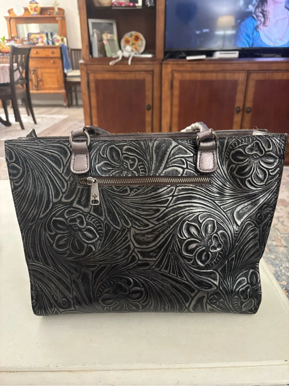 Patricia Nash Embossed Floral Leather Black Tote Bag 13” x 9.5” x 2”